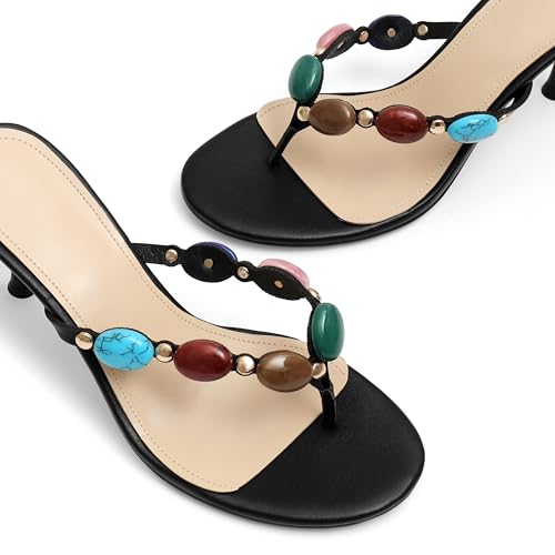 MAIJED Jeweled Flip Flop Kitten Heels for Women Open Toe Beaded Strappy High Heels Sandals Slip On Thong Heeled Mules Mid Heel Fashion Party Dress Shoes Black US10.5 by MAIJED - Used condition - Image 6