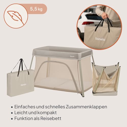 Lionelo Alice 3-in-1 Reisebett Laufgitter von 0 bis 15 kg Schaumstoffmatratze, 2 Höhenstufen, faltbar, klein, leicht, Seiteneinstieg, Reisetasche