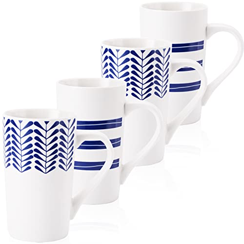 Youpeng Large Coffee Mug Set, Ceramic Mugs With Big Handle, Tall Coffee Mug For Men Or Women With Blue Hand-Painted Pattern, Big Coffee Mugs 18Oz Dishwasher&Microwave Safe, Set Of 4, White #TOP18