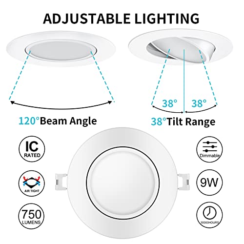 Knlnny Ware 4 Inch Recessed Lighting 6 Pack,Ajustable Led Eyeball Gimbal Light,Led Recessed Lighting 4 Inch Ceiling Light With Junction Box,5Cct Selectable,Airtight,9W 750Lm,Dimmable,Etl Listed #TOP2