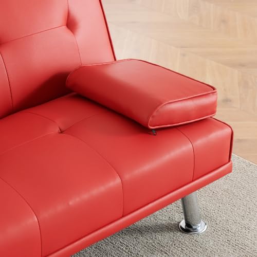 Futon Sofa Bed Modern Folding Couch for Small Space, Faux Leather Convertible Loveseat Sleeper Bed Daybed Recliner Lounge Sofas for Living Room,2 Cup Holders,Metal Legs,Removable Armrests (Red)