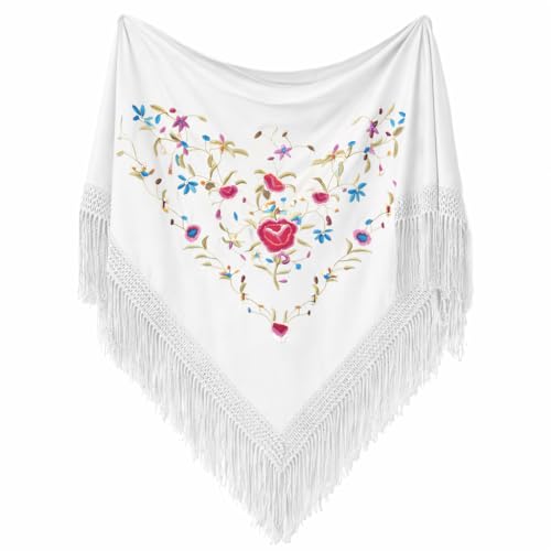 MUNDDY - Manton Bordado en Flores Para Adulto. Mantones Flamenco Sevillana.Mantón para fiesta de Color Rojo Negro Rosa Blanco Amarillo Azul. Envio desde madrid (Blanco (C))