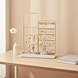 SONGMICS Présentoir à Bijoux, Porte Bijoux, Cadre en Métal, en Velours, Porte Colliers Extensible, Hauteur Réglable de 30,9 à 47,5 cm, Doré Clair JJS026A01