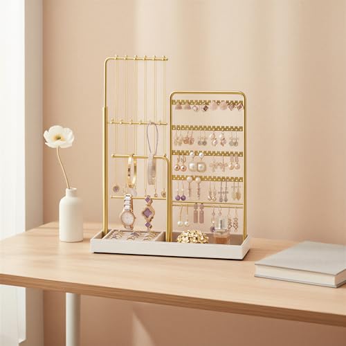 SONGMICS Présentoir à Bijoux, Porte-Bijoux, Cadre en Métal, en Velours, Porte-Colliers Extensible, Hauteur Réglable de 30,9 à 47,5 cm, Doré Clair JJS026A01