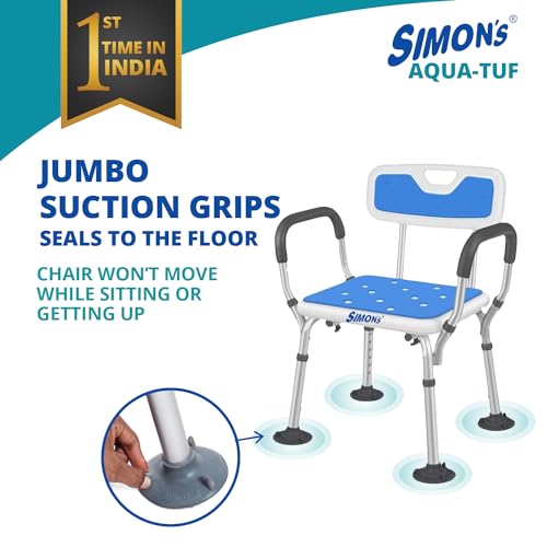Image of Simon's Aqua-TUF Heavy-Duty Bath Chair for Elderly, Senior Citizens to sit and take Bath, Shower Bench with Jumbo Suction Grips Base | Height Adjustable & Tool-Free Assembly - Blue - Pack of 1