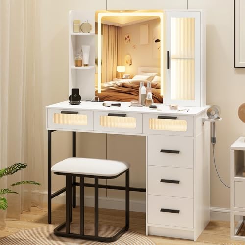 CHARMAID Vanity Desk with Mirror and Lights, White Makeup Vanity Desk with 6 Drawers, Lighted Side Cabinet, Storage Shelves, Charging Station, Large Modern Bedroom Vanity Dressing Table with Stool