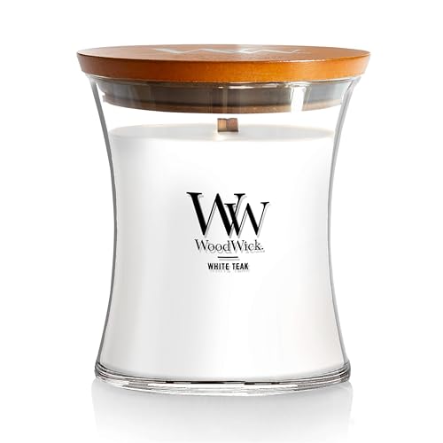 WoodWick Medium Hourglass Candle White Teak - Premium Soy Blend Wax Pluswick Innovation Wood Wick...