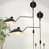 Swing Arm Plug in Wall Lamps Set of 2 Adjustable Arm Wall Sconce with On/Off Switch Matte Black Meta