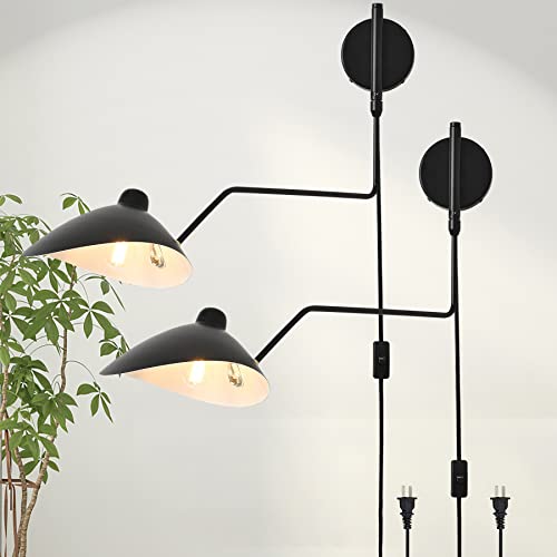 Swing Arm Plug In Wall Lamps Set Of 2 Adjustable Arm Wall Sconce With On/Off Switch Matte Black Metal Reading Light Fixture Wall Mounted For Bedside Bedroom Living Room #TOP10