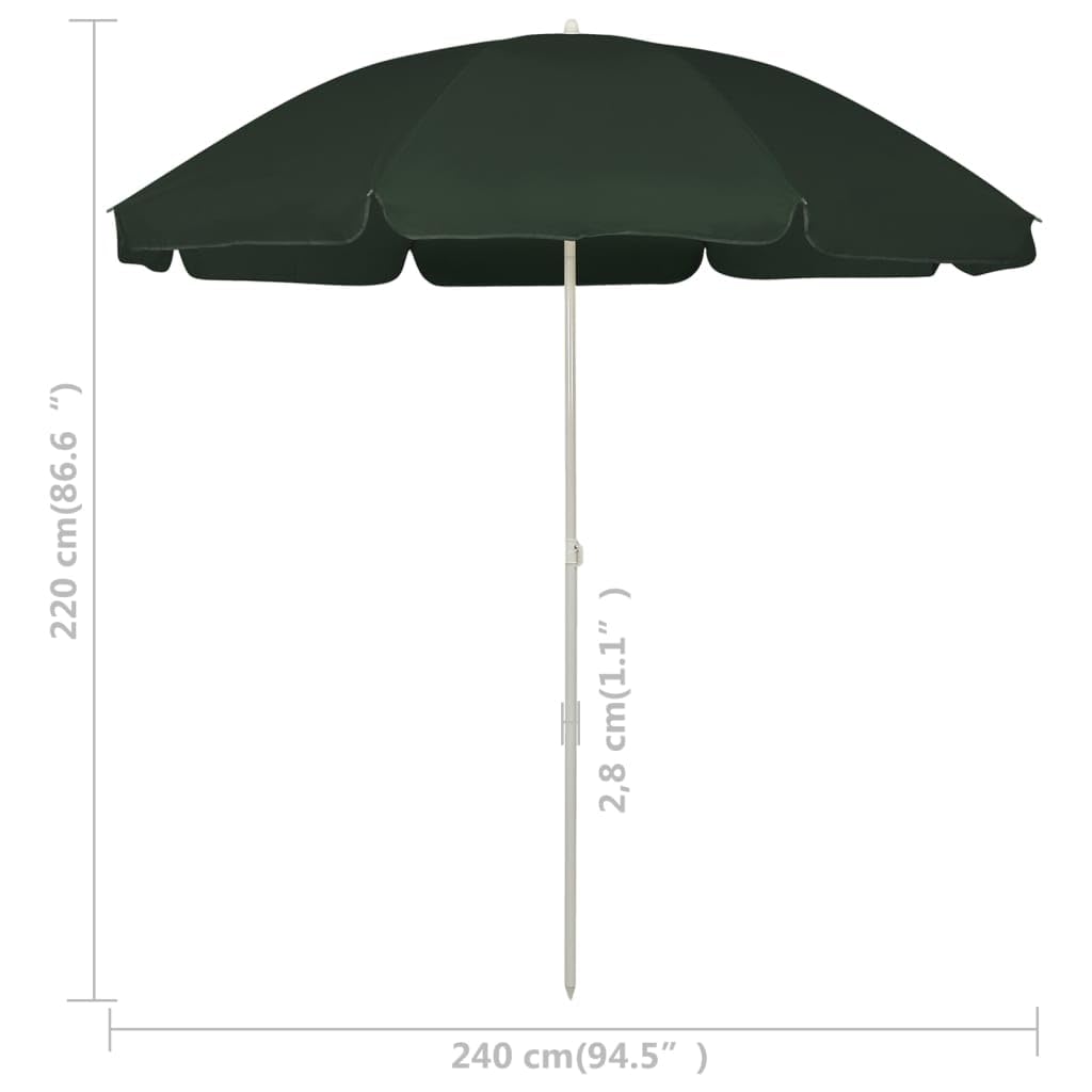 Zielony parasol plażowy odporny na promieniowanie UV, poliester, średnica 240 cm, z mechanizmem nachylenia, stabilny maszt na taras, balkon, do ogrodu, ochrona przed słońcem i ochrona przed