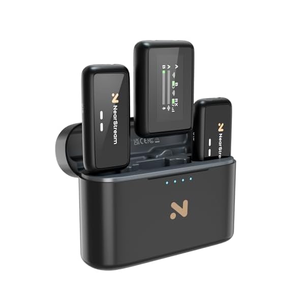 Wireless Lavalier Microphones with Noise Cancellation, 656ft Transmission, LCD Display, 20H Battery Life, Wireless Lapel Microphone System for iPhone/Android/DSLR/Camera/PC (AWM20T)