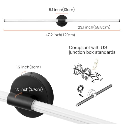 Gednbo Dimmable LED Bathroom Vanity Lights Hardwired 360° Full Lighting Bathroom Light Fixtures Over Mirror Vanity Light Bar Modern Wall Sconce Warm Light for Bedroom Living Room - Black, 47 inch by Gednbo - Image 6