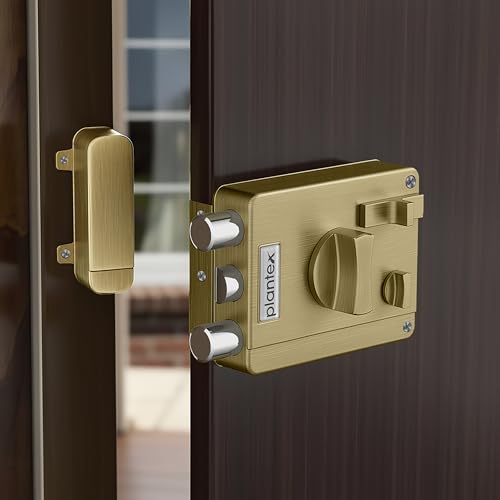 Image of Plantex Heavy Duty Rim Locks for Main Door /Door Lock for Main Door with 4 Keys /Suitable for Inside Opening Wooden Door - Pack of 1 (Brass Antique)