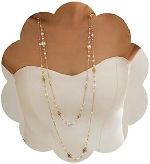 Collier Long Femme Doré à Perles, Ensemble de 2 Sautoirs Superposés, Collier de Perles Élégant et Tendance, Chaîne Longue Layered Necklace pour Femme Chic, Bijoux Cadeau Anniversaire ou Soirée