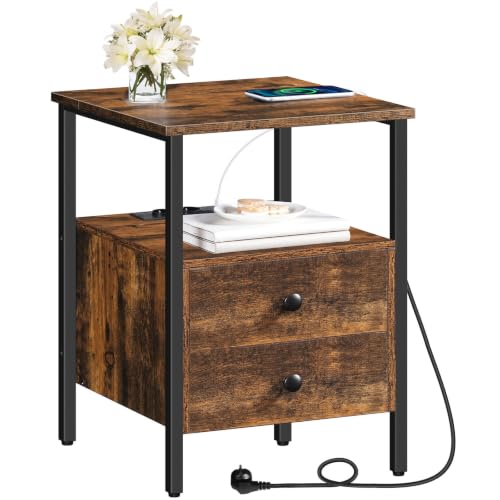 HOOBRO Table de Chevet avec Multiprise (2 AC, 1 USB-A, 1 Type-C) et 2 Tiroirs, Table d’Appoint avec Espace Ouvert et Dissimulé, pour Salon, Marron Rustique...