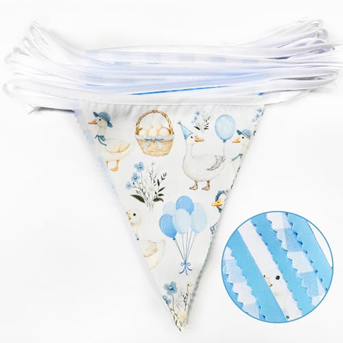 Image of 32Ft Goose Party Decorations Blue Gingham Plaid Silly Goose Themed Fabric Banner Triangle Pennant Flag Garland Streamers for Kids Boys Farm Animals First Birthday Baby Shower Duck Garden Supplies