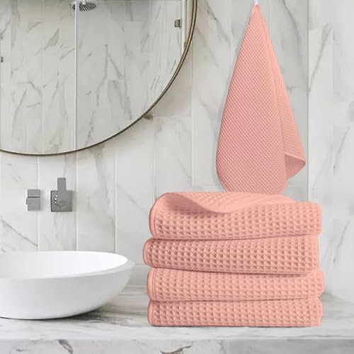 Image of Pure Cotton Waffle Towel | Lightweight | Anti Microbial and Water Absorbent | Soft Touch Quick Drying Hand Towels (Peach, Pack of 4)