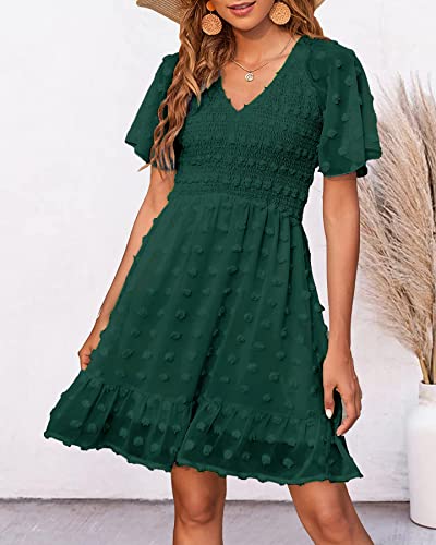 BTFBM Womens Beach Vacation Dress Summer 2025 V Neck Short Sleeve Smocked Swiss Dot Cute Ruffle Casual Fall Mini Dresses(Dark Green, X-Large) - Image 3