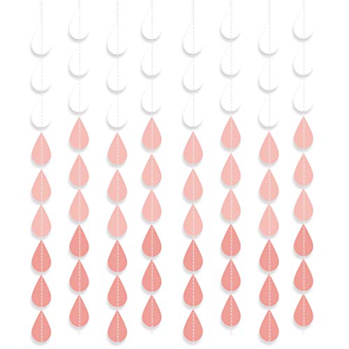 Baby Shower Decorations for Girl, 8 Pack Pink Raindrop Garland Kit, 32ft Total Hanging Paper Decorations for Birthday Party, Bridal Shower, Nursery Wall Decor, Pearlescent White and Pink