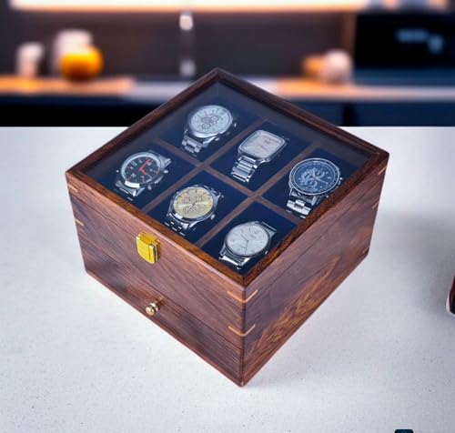 Image of Luxury Wooden Watch Display Box with Glass Top, 6-Slot Storage Case with Accessories Drawer, Dark Brown