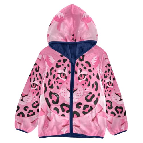 Pink Leopard with Bows Pattern Toddler Fleece Jacket Girl Boys Hooded Fleece Jacket Coat Warm Outwear Zip-up 3-10T