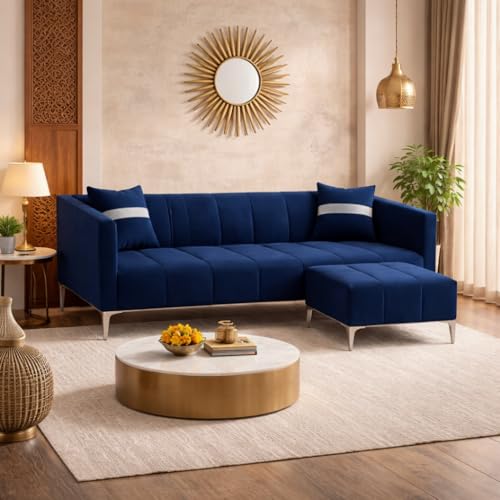 Image of Solomon 4 Seater L Shape Sofa Set with Movable Ottoman | Flexible Left or Right Layout | Luxe Velvet Suede Fabric | Comfortable Seating | Modern Sofa for Living Room - Dark Blue