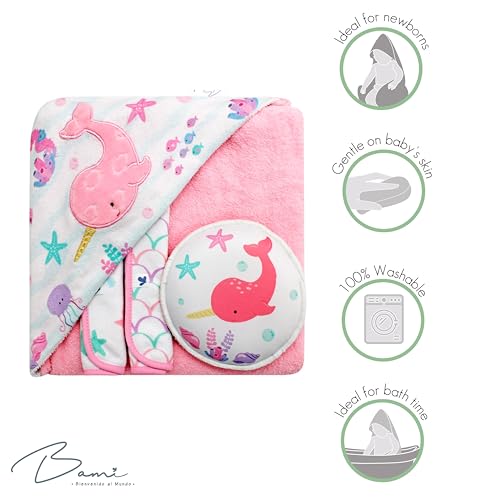 Image of BAMI Baby Bath Set - Soft Cotton Hooded Towel with 2 Facial Towels and Bath Sponge - Ultra-Absorbent, Gentle for Sensitive Skin, Ideal for Newborns and Toddlers