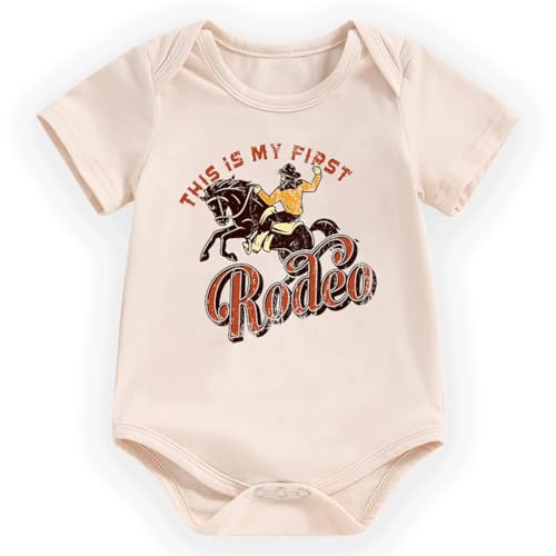 hrcfbk Western Baby Girls Boys Bodysuit Clothes This is My First Rodeo Cowboy Cowgirl Funny Short Sleve Romper(Beige Cowboy 0-3 Months)