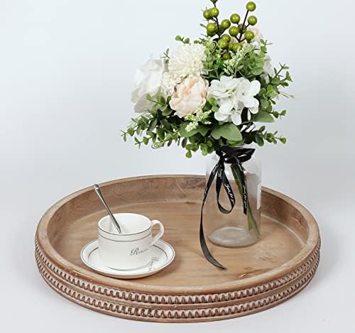 Carah & Cossh Round Wooden Serving Tray, Whitewashed Round Decorative Wood Tray , Round Farmhouse Rustic Decorative Tray, Perfect for Storage and Display (Brown)