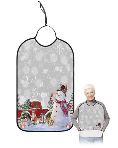 Christmas Grey Adult Bib for Adults Men, Women, Washable & Adjustable Terry Cloth Bib with Crumb Catcher Reusable Waterproof Clothing Clothes Protector Apron Snowman Snowflake Old Car Pine Tree
