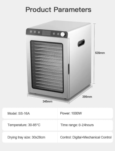 Image of Food Dehydrator with 16 Stainless Steel Trays, 1000W, Digital Touch Panel with Preset Menu, 30-85C Temperature Control, 0-24 Hour Timer