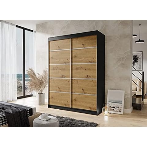 lukmebel LUK MEBEL Kleiderschrank mit Schiebetüren Camaro IV 150 x 58 x 200 cm sechs Regale Hängestange minimalistisch extrem geräumig 16 mm laminierte Platte Aluminiumgriffe Schwarz/Artisan-Eiche Cover