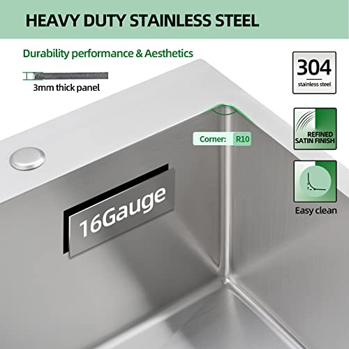 Ecochannels Drop In Kitchen Sink, 28 X 22 X 10 Inch Single Bowl Topmount Sink 16 Gauge T-304 Stainless Steel Kitchen Sinks With Accessories #TOP4
