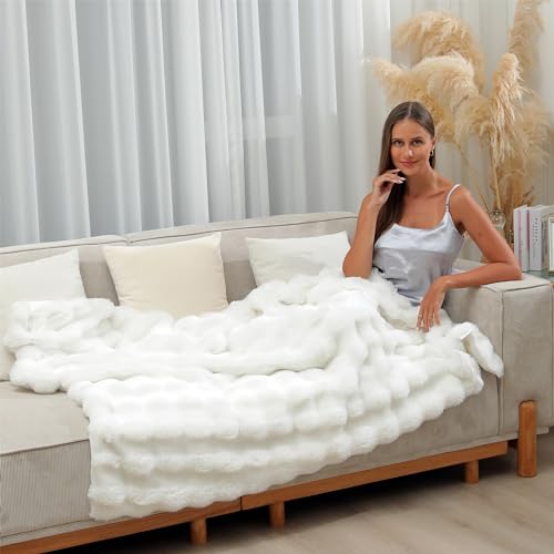 RYNGHIPY Faux Fur Throw Blanket Double Sided Thick and Warm Plush Fluffy Faux Rabbit Fur Decoration for Couch Sofa Chair and Bed Cream Winter Blanket (Ivory, 63''x79'') by RYNGHIPY - Used condition - Image 2