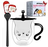 Afitdon Tazza Nera con Manico Vetro Doppia Parete con cucchiaio in acciaio inox a forma di zampa di gatto e coperchio in silicone & scheda di auguri, Tazza da Caffè di Gatto Carino per cappuccino