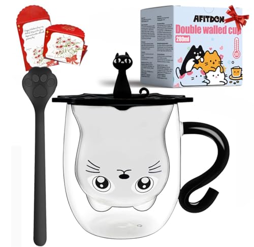 Afitdon Süße Katzenbecher Tasse Doppelwandige, Süße Katzenmotiven Tassen mit Segenskarte, Löffel & Becherdeckel, Geschenk für katzenliebhaber...