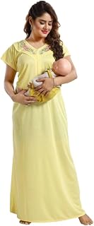 Onekbhalo Women Cotton Front Zipper Full-Length Maternity Maxi Nightdresses Feeding Nighty Blue (X-Large, Blue) Price In India