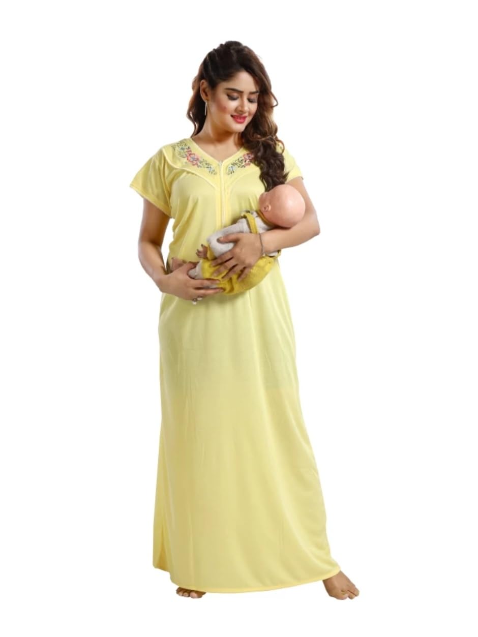 Women Cotton Front Zipper Full-Length Maternity Maxi Nightdresses Feeding Nighty Blue (X-Large, Blue)-image-25