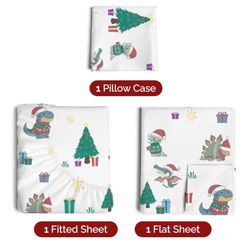 Twin Christmas Dinos Sheet Set - Holiday Xmas Pattern Bedding Set - Deep Pockets - Snug Fit - 3 Piece - Wrinkle Free & Easy Care - Comfy Festive Winter - Holiday Sheets for Women, Men, Kids & Teens