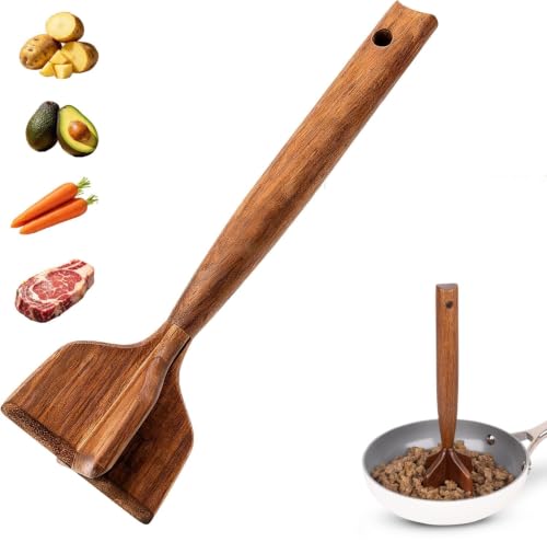 Wooden Meat Masher for Ground Beef, 10.5 Inch Teak Wood Meat Chopper, Heavy Duty Hamburger Smasher Tool for Ground Meat, Burgers, Beef and Turkey, Manual Kitchen Gadget for Nonstick Cookware