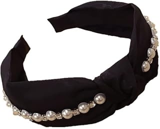 Diadema ancha de tela con nudo de perlas sintéticas para mujer, color negro