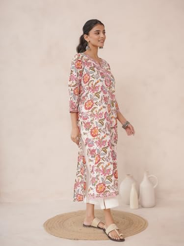 Image of GOODHAND Pure Cotton Floral Printed Long Kurta for Women | Straight Fit Ethnic Kurta | Round Neck 3 /4 Sleeve Kurta