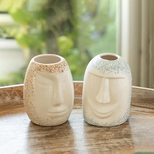 Image of ExclusiveLane 'Sculpted Harmony' Decorative Ceramic Flower Vase for Living Room Ceramic Vase for Home Decor Side Table Show Case Flower Vases Showpiece Gifts (Set of 2, 13.9 Cm, Handglazed Pottery)