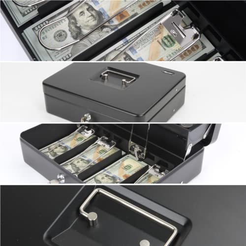 Sgorlds Cash Box Key Lock On Side, Cash Box With Money Tray & Key Lock 4 Bill 5 Coin Slots,Large Safe Lock Box With Key,Metal Money Saving Organizer For Security 11.8L X 9.5W X 3.5H Inches, Black #TOP5