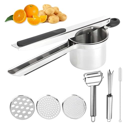 Large 15oz Potato Ricer, Stainless Steel Potato Masher and Ricer Kitchen Tool with 3 Interchangeable Discs Heavy Duty and Durable for Effortless Mashing