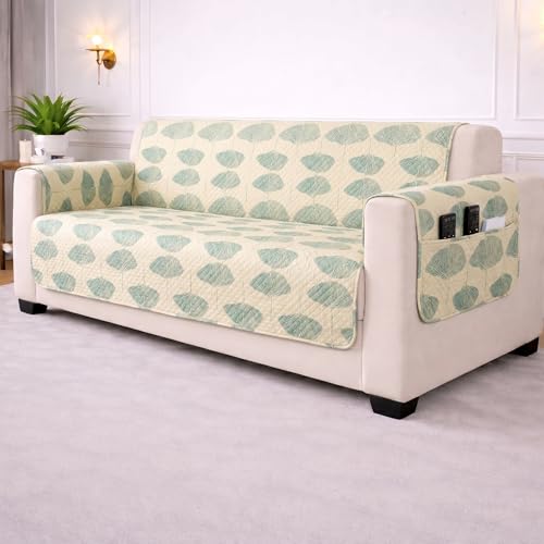 Image of STITCHNEST 'CloudFeel Series' Quilted Printed Velvet Sofa Cover for 1 Seater | Premium Soft Velvet Sofa Protector | Green Leaf Print Design with Armrest Pockets | Furniture Cover