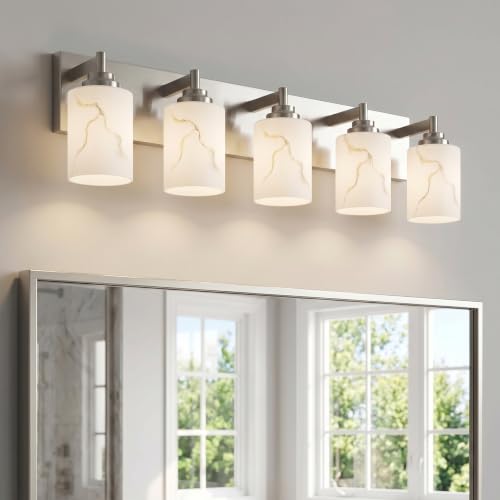 Image of 5-Light Bathroom Light Fixture, Brushed Nickel Modern Vanity Light with White Marble Glass Shade, for Bathroom Mirror, Living Room, Bedroom, Hallway, E26 Base, Extended Base