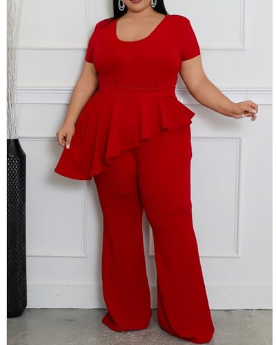 CXXQ Women's Plus Size 2 Piece Outfits Suit Set Short Sleeve Peplum Top Straight Pants Sets Business Pantsuits3