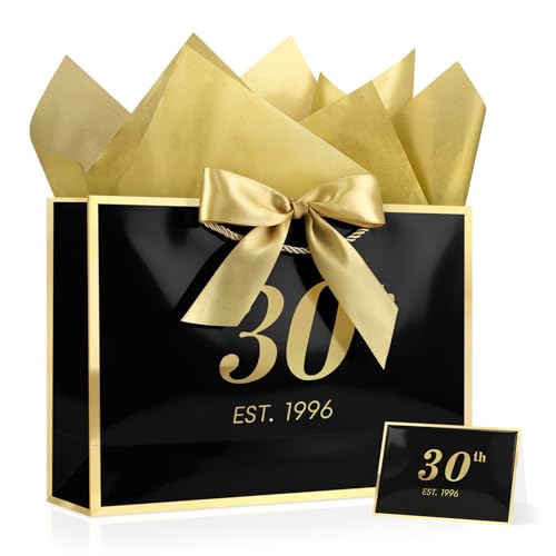 Image of JMANNI 30th Birthday Gift Bag with Card and Tissue Paper for Men Women Him, 14.2 inch Elegant Black Gold Anniversary Keepsake Party Present Shopping Paper Bags for Gifts Wrapping (EST.1996 /Black /Large)
