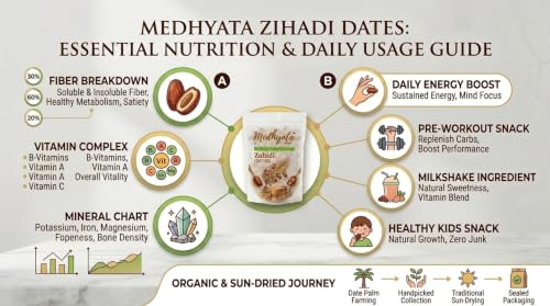 Image of Medhyata Zihadi Dates, Organic & Sun-Dried Khajoor, High Fibre, Natural Energy Booster, Gluten Free, (1Kg)